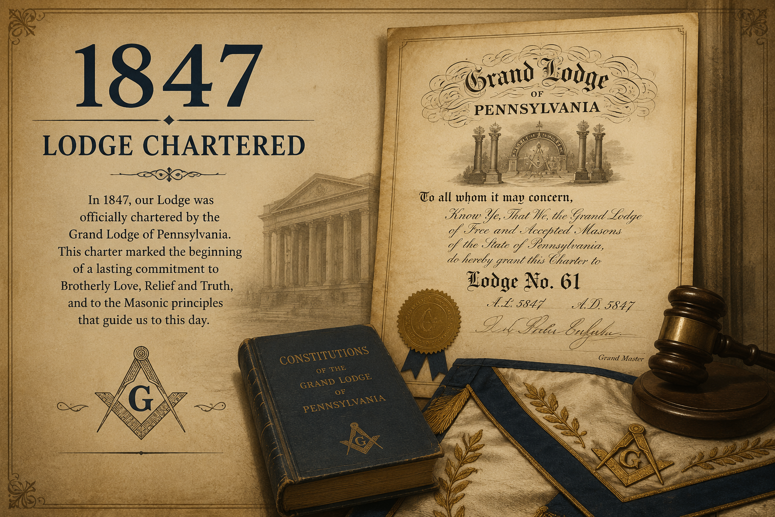 1847 Grand Lodge of Pennsylvania charter for Lodge No. 61