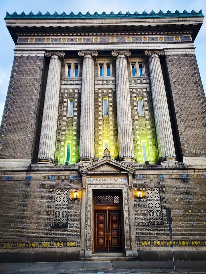 Historic Pennsylvania Masonic Temple facade with Ionic columns and ornate stonework