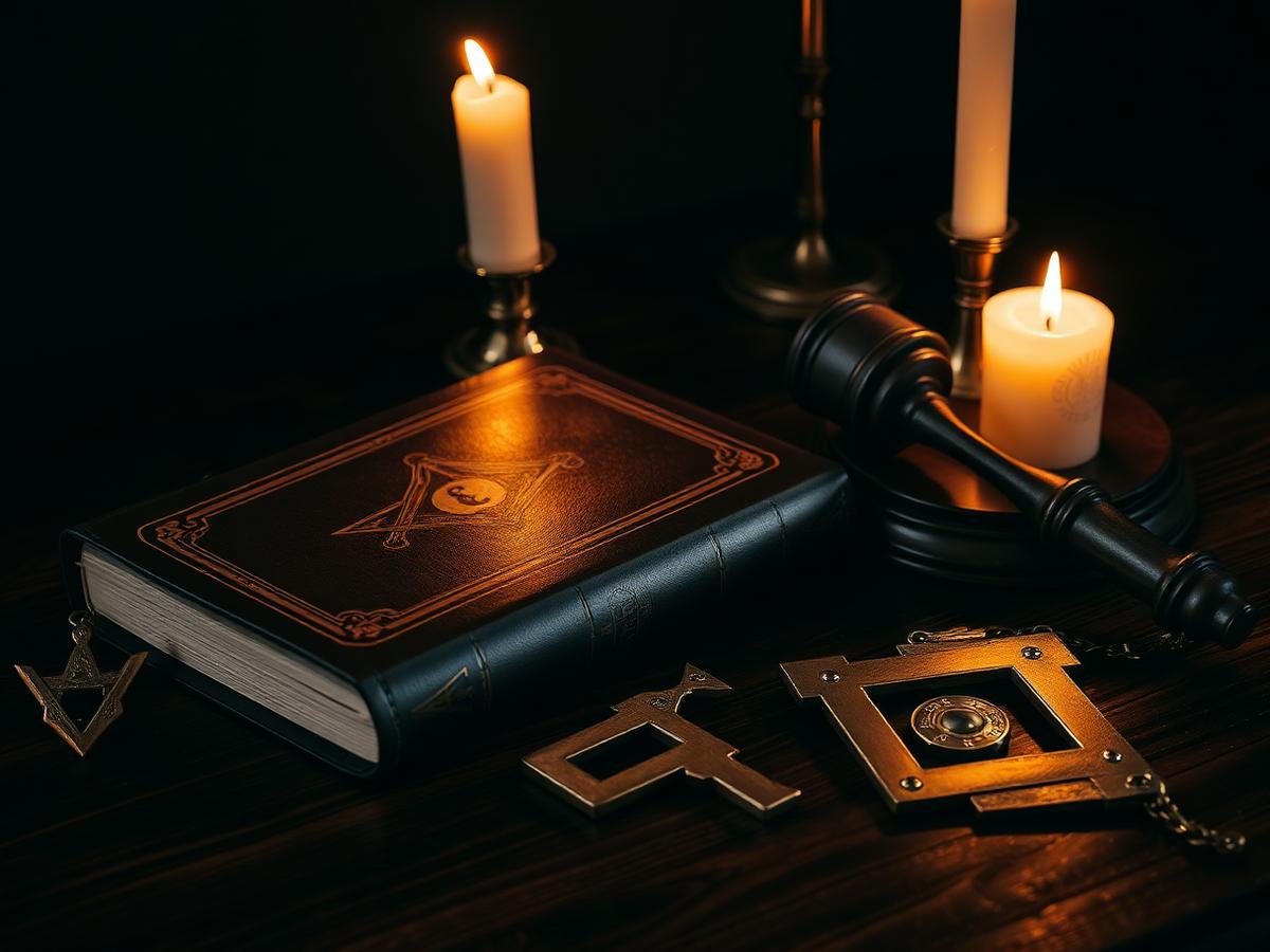Masonic symbols: leather-bound book, wooden gavel, and square and compass on a dark table