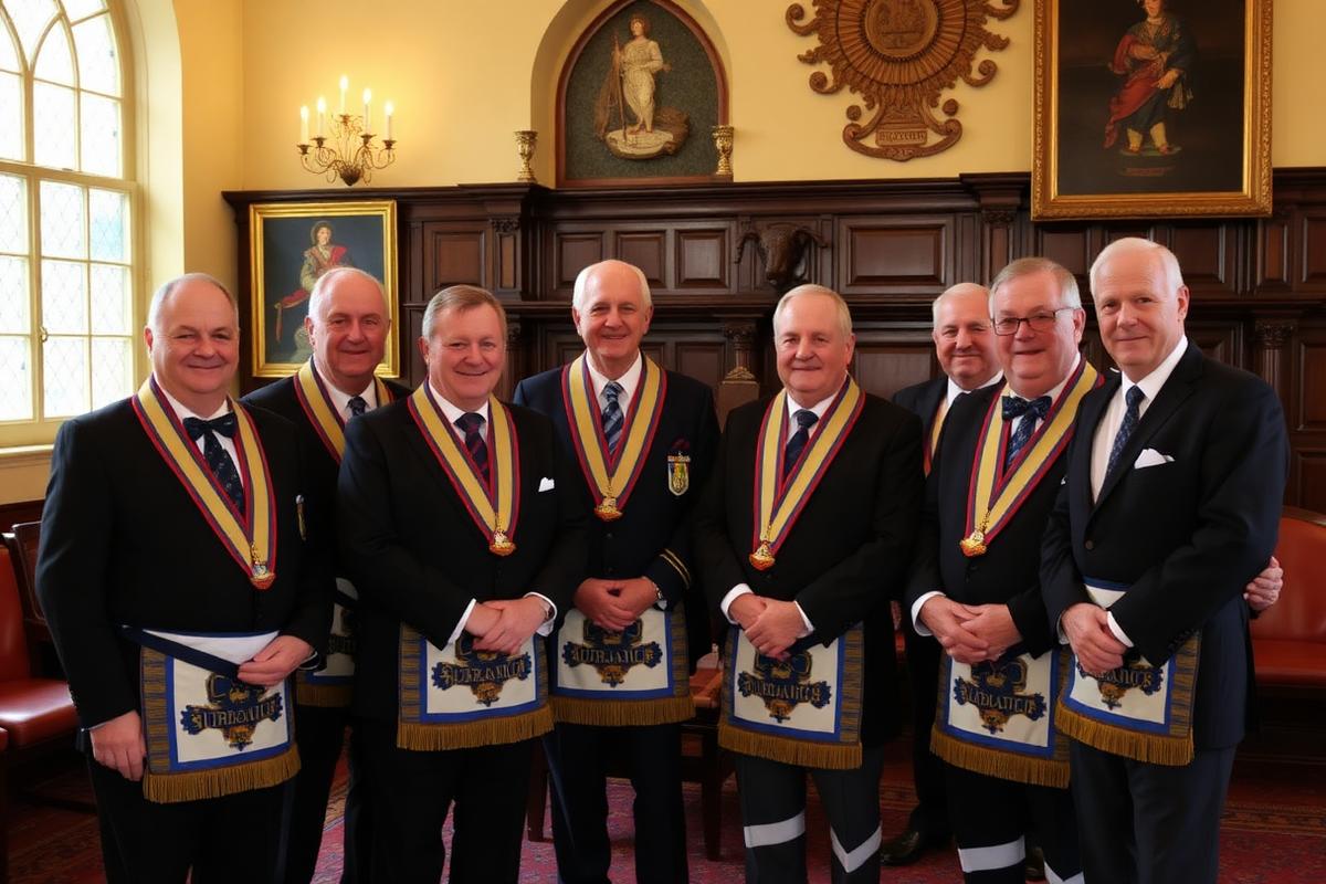 Lodge officers in regalia gathered inside the lodge room