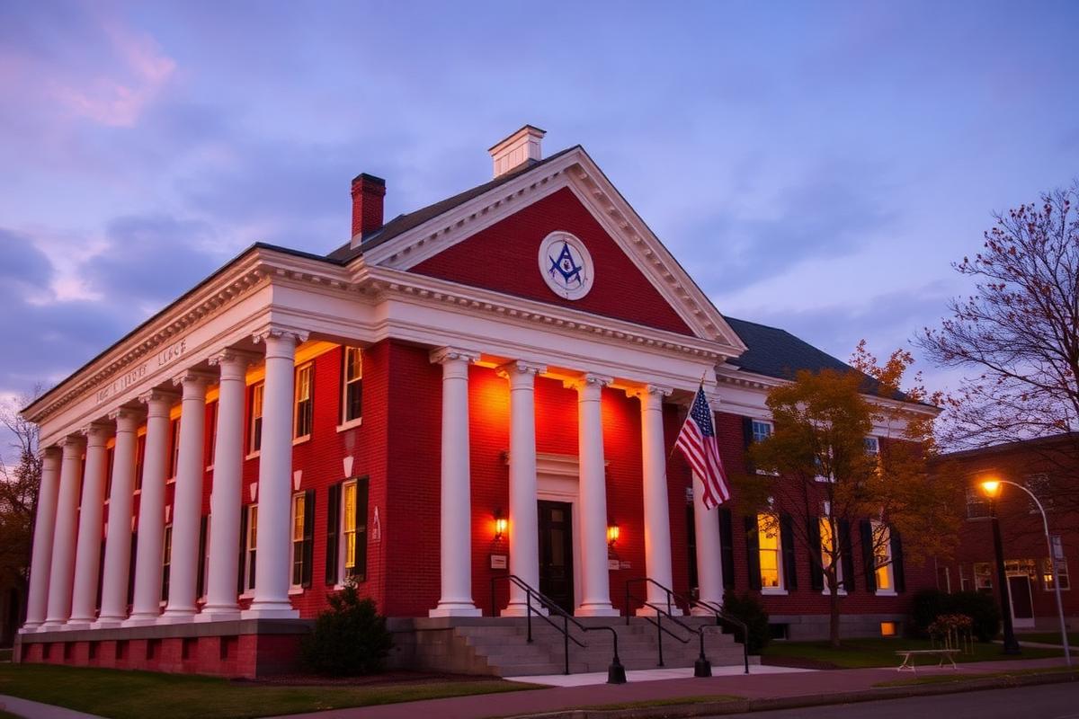 Exterior of the historic lodge building at dusk