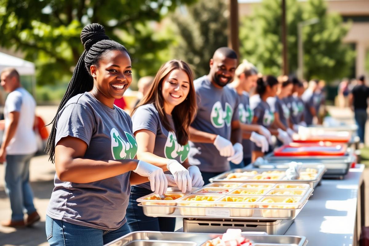 Volunteers serving food at a community charity event