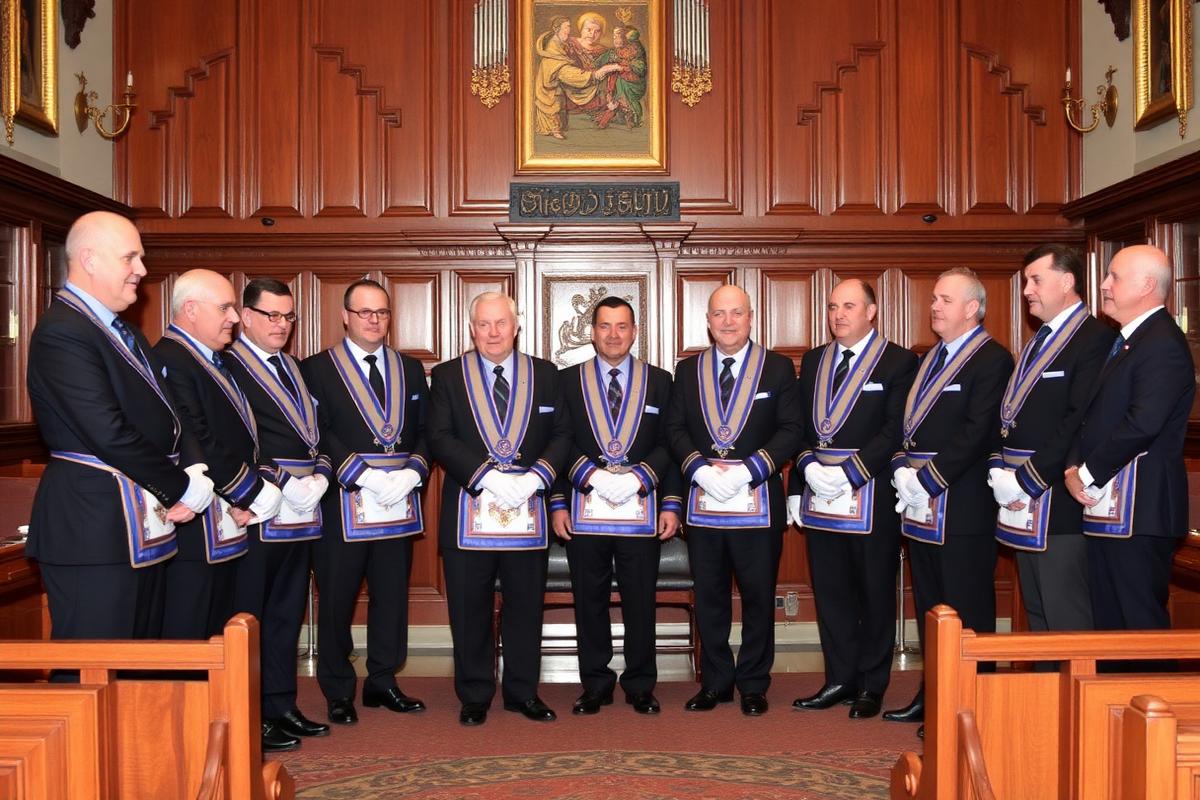 Masonic installation ceremony with officers in regalia